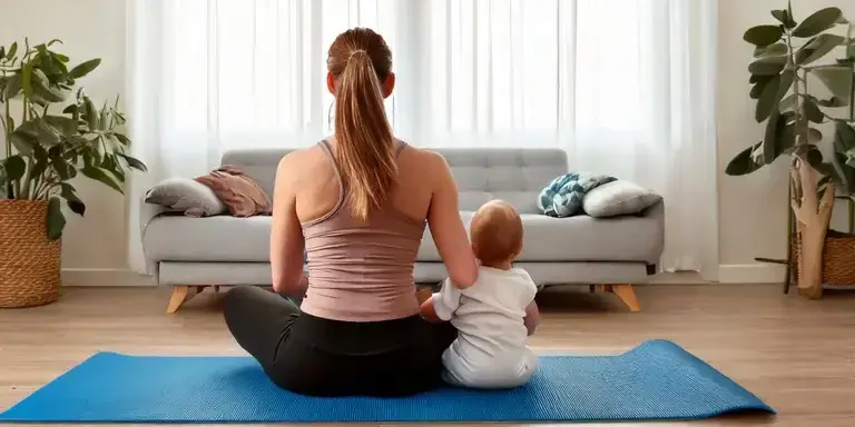 Eine junge Frau mit Baby auf einer Yogamatte