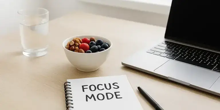 Ein aufgeräumter Schreibtisch im Homeoffice mit Brainfood-Snack, Wasser und Notizbuch