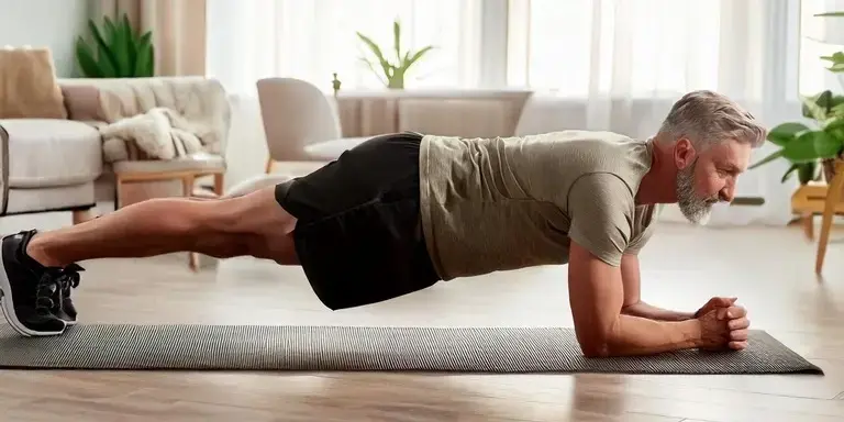 Ein Mann mittleren Alters der Plank Übungen macht