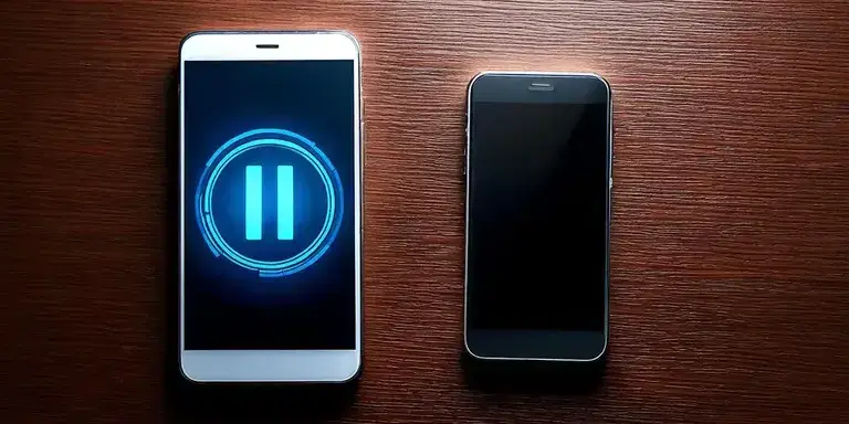 Smartphones die ein Pausesymbol auf dem Display zeigen auf einem Tisch liegend
