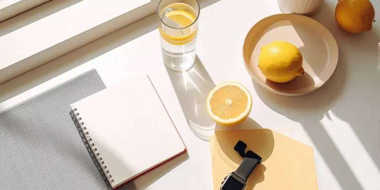 Flachbildaufnahme einer energiefördernden Morgenroutine ohne Kaffee mit Wasser, Yoga und gesundem Frühstück