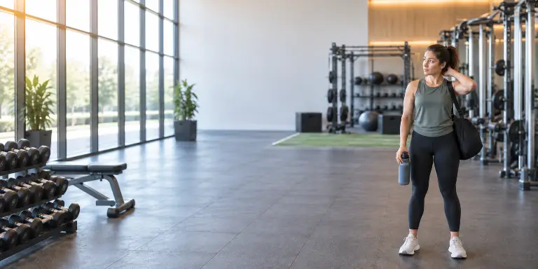 Unsichere Anfängerin steht mit Sporttasche und Wasserflasche in einem modernen Fitnessstudio.