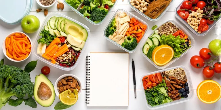 Übersicht über Meal-Prep-Boxen mit gesunden Zutaten und Wochenplan
