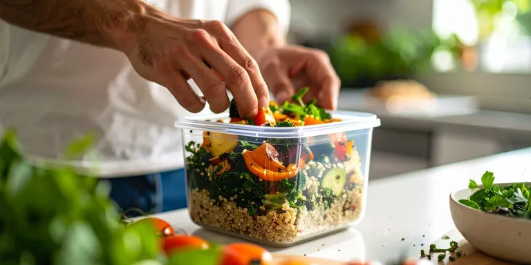 Hände beim Befüllen einer Meal-Prep-Schale mit Quinoa und Gemüse