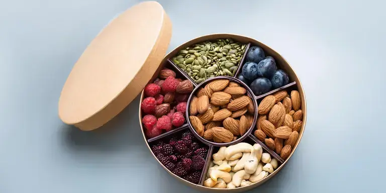 Eine Snackbox voller Beeren, Nüsse und Samen
