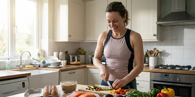 Selbstbewusste Mutter bereitet ausgewogene proteinreiche Mahlzeit zu