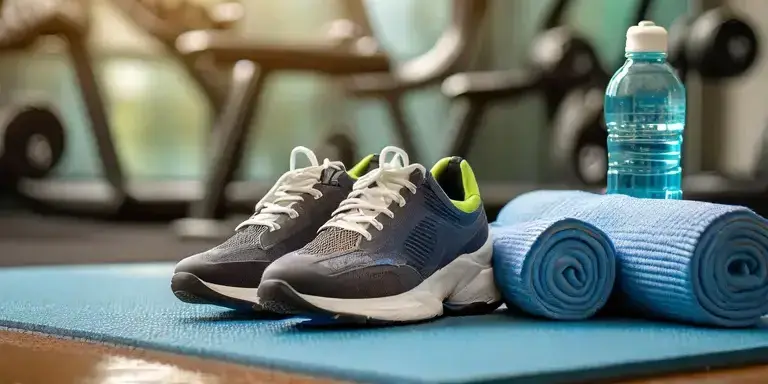 Ein Paar Sportschuhe auf einer Gym-Matte, daneben eine Wasserflasche und ein Handtuch, mit verschwommenem Fitnessstudio-Hintergrund.