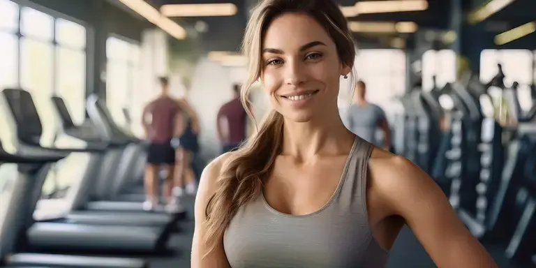 Eine selbstbewusste Frau im Fitnessstudio, die entspannt und fokussiert aussieht.