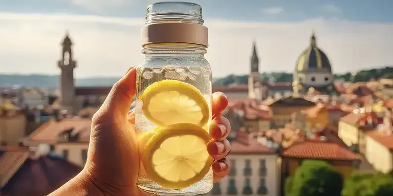 Eine Hand hält eine Wasserflasche mit Zitronenscheiben, im Hintergrund ist eine verschwommene Stadtlandschaft zu sehen.