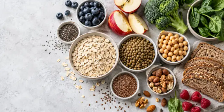 Ballaststoffreiche Lebensmittel mit Haferflocken, Beeren, Apfel, Hülsenfrüchten, Vollkornbrot, Nüssen und Gemüse.