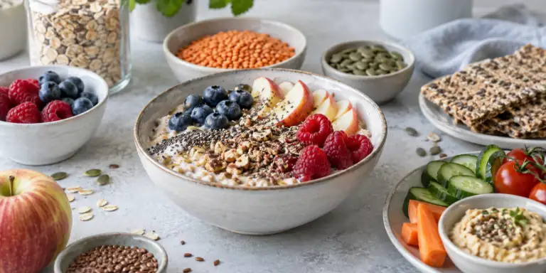 Ballaststoffreiches Frühstück mit Haferflocken, Beeren, Apfel, Samen sowie Gemüse, Hülsenfrüchten und Vollkornprodukten.
