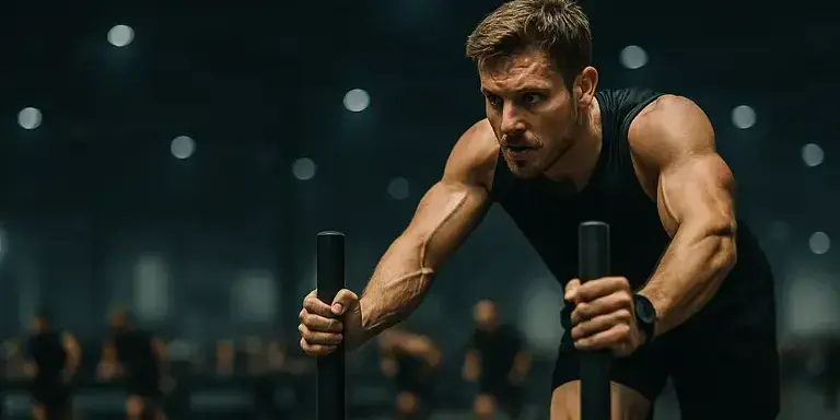 Person beim HYROX-Training im Fitnessstudio, während sie einen Schlitten über den Boden schiebt