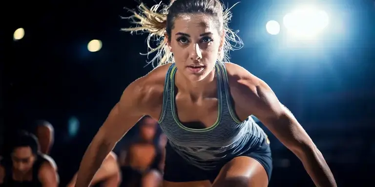 Frau beim HYROX, die mit voller Konzentration Burpee Broad Jumps ausführt