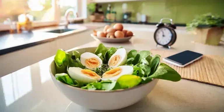Intervallfasten: Uhr und gesunde Mahlzeit symbolisieren das Essensfenster.