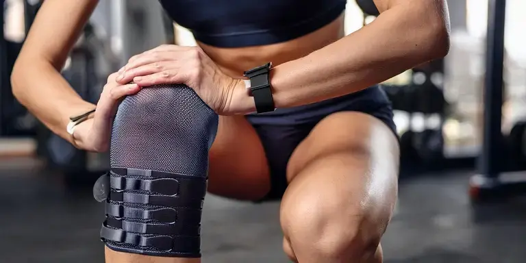 Person mit Kniebandagen bereitet sich auf eine gelenkschonende Kniebeuge im Fitnessstudio vor
