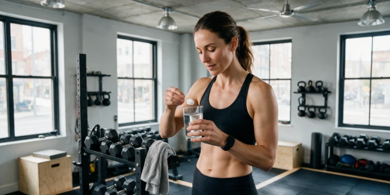 Sportliche Frau mischt nach dem Krafttraining Kreatin in ein Glas Wasser.