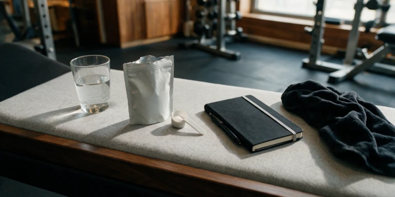 Kreatin, Wasserflasche und Trainingsnotizbuch auf einer hochwertigen Holzbank im Personal-Training-Studio.