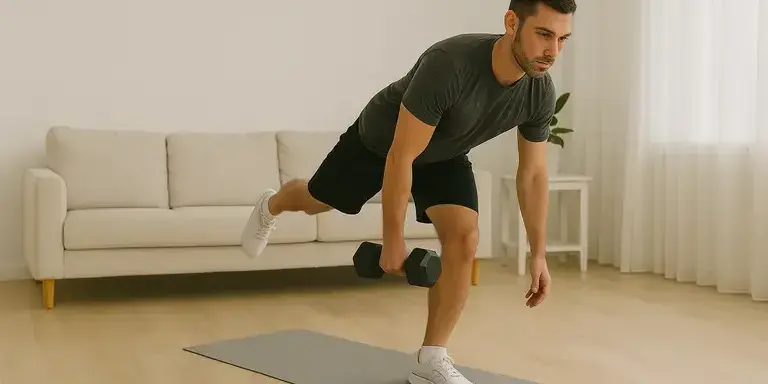 Mann macht einbeinige rumänische Kreuzheben-Übung im Home-Workout
