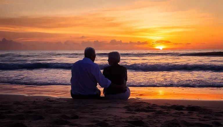 Ein älteres Paar sitzt nebeneinander am Strand und beobachtet einen stimmungsvollen Sonnenuntergang