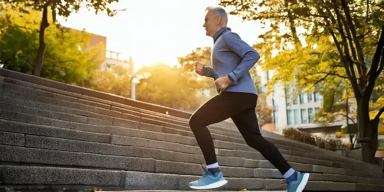 Ein älterer Mann joggt entschlossen eine Treppe hinauf