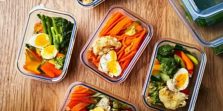 Mealprep-Behälter mit verschiedenen gesunden Gerichten, darunter gedämpftes Gemüse wie Brokkoli und Karotten sowie gekochte Eier, auf einer Holzoberfläche arrangiert