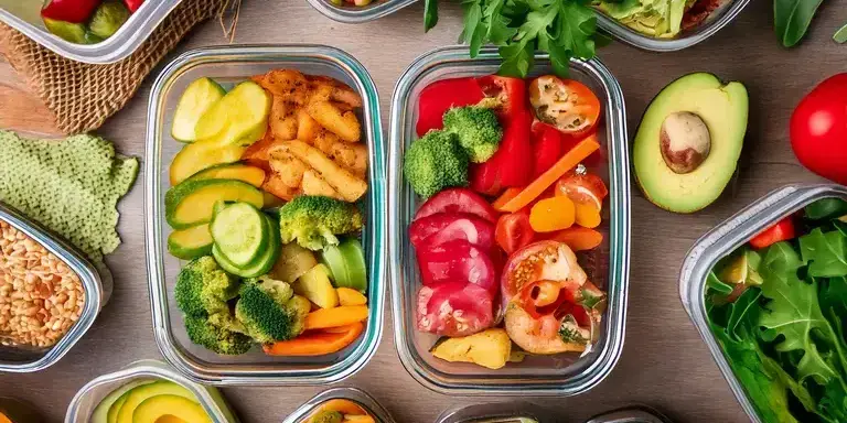 Glas-Mealprep-Behälter mit bunten Gerichten, darunter Brokkoli, Paprika, Tomaten, Zucchini und Kartoffeln, umgeben von frischen Zutaten wie Avocado und grünem Salat.