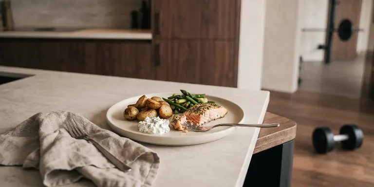 Proteinreiche Mahlzeit mit Lachs, Kartoffeln, grünen Bohnen und Kräuterquark in einer modernen Küche.