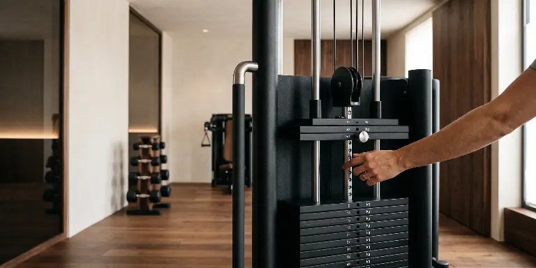 Hand stellt den Gewichtsblock an einer Kraftmaschine in einem hochwertigen Fitnessstudio ein.
