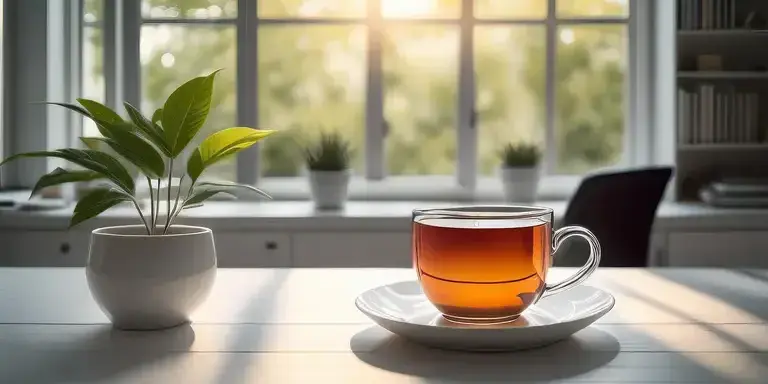 Ein lichtdurchfluteter Arbeitsplatz mit einer Tasse Tee im Fokus