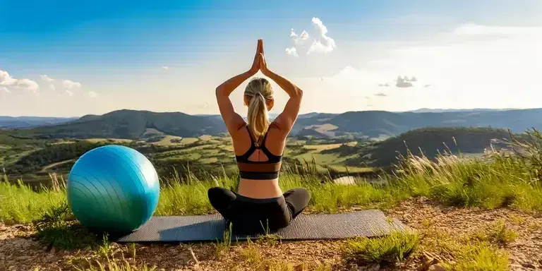 Eine Person in einer Yogapose mit einem Pilatesball outdoor