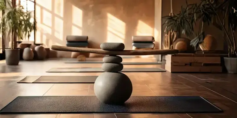 Eine Waage aus Steinen in einem Yogastudio als Symbol für Balance