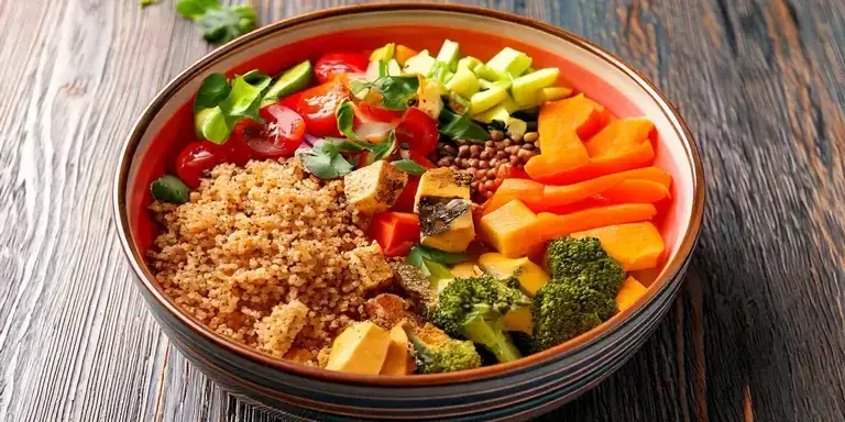 Eine bunte Bowl mit Gemüse und Quinoa