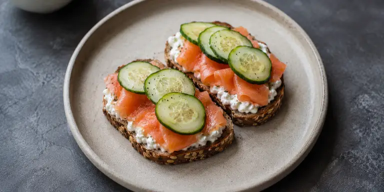 Vollkornbrot mit Räucherlachs, Hüttenkäse und Gurke