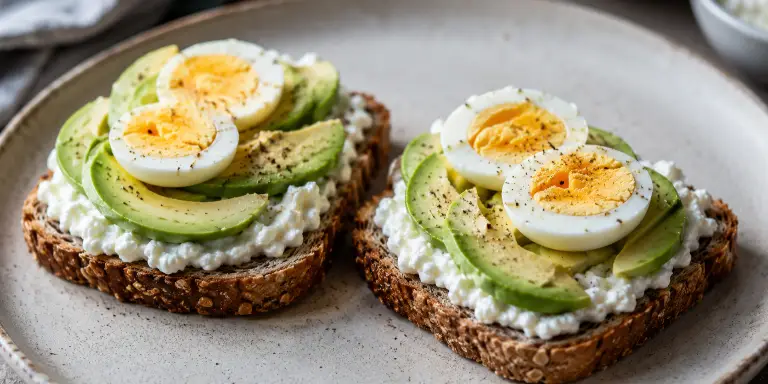 Vollkornbrot mit Cottage Cheese, Avocado und gekochtem Ei