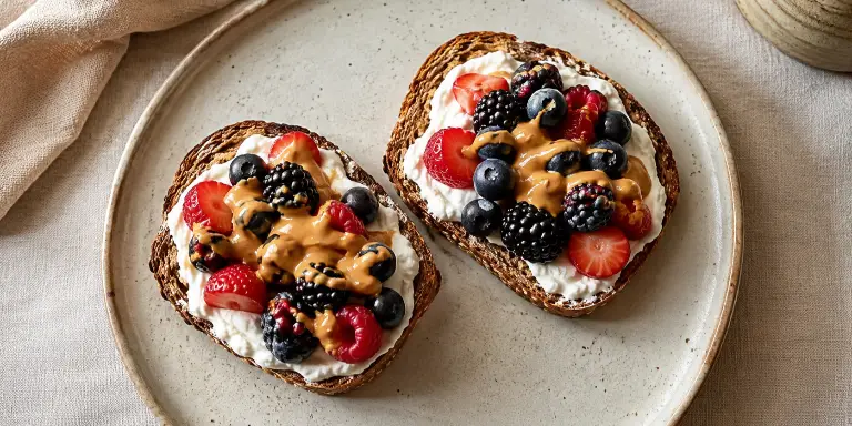 Süßes Vollkornbrot mit Skyr, Beeren und Erdnussmus