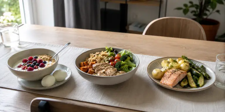 Drei proteinreiche Mahlzeiten mit Skyr, Hähnchen und Lachs als Beispiel für eine ausgewogene Proteinverteilung über den Tag.