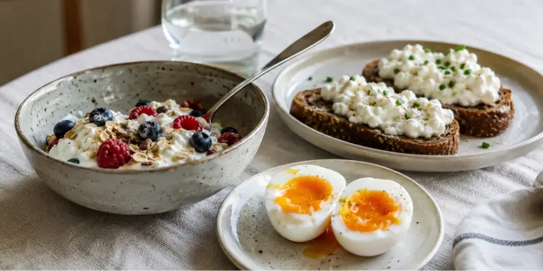 Proteinreiches Frühstück mit Skyr, Beeren, Eiern und Hüttenkäse auf Vollkornbrot.