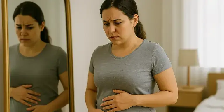 Frau betrachtet sich nachdenklich im Spiegel und legt die Hände auf den Bauch – Symbol für Körperwahrnehmung und Selbstzweifel.