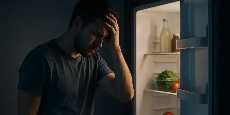 Mann steht nachts mit verzweifeltem Blick vor dem offenen Kühlschrank – Darstellung von emotionalem Essen und innerem Konflikt.