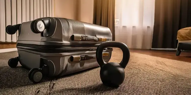 Ein Trolly und eine Kettlebell in einem Hotelzimmer