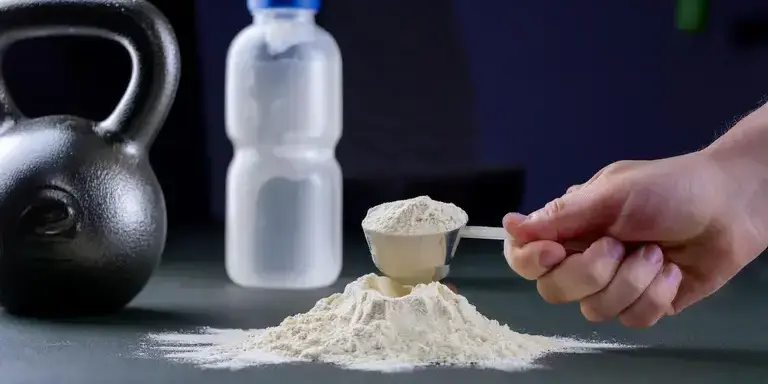 Eine Hand hält einen Messlöffel Proteinpulver, im Hintergrund sind Fitnessgeräte zu sehen.
