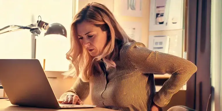 Eine Person im Homeoffice hält sich den Rücken vor Schmerzen