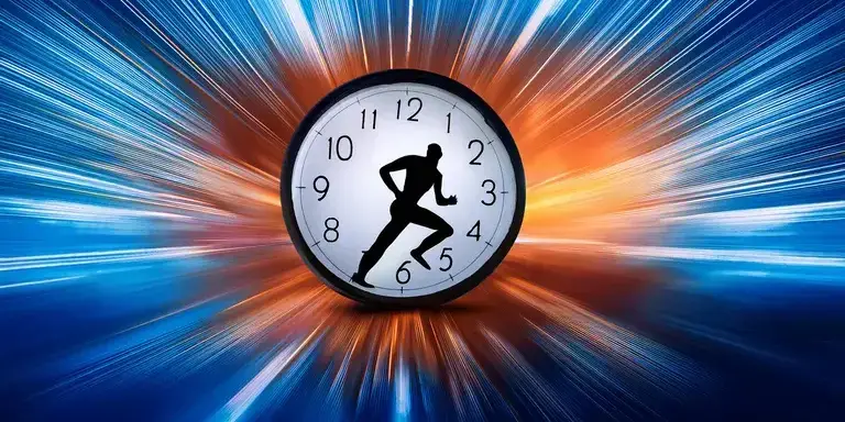in abstraktes digitales Kunstwerk mit einer verschwommenen Uhr und einer laufenden Silhouette, die Geschwindigkeit und Bewegung darstellt.