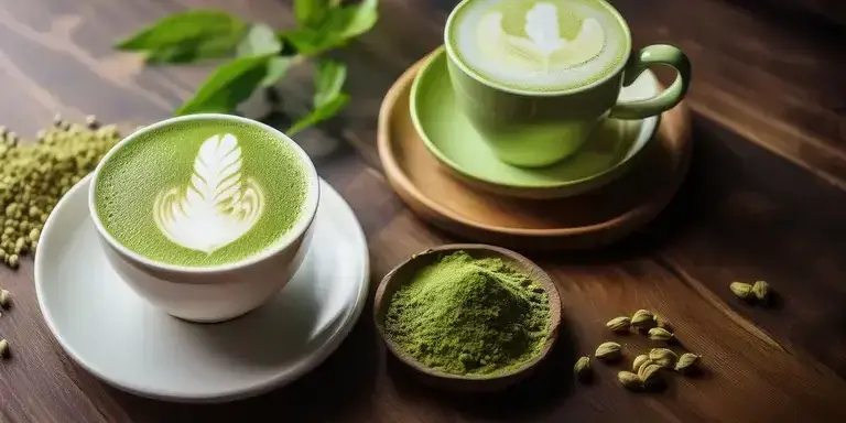 Matcha-Latte mit Matcha-Pulver.
