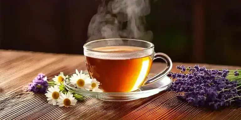 Eine Tasse dampfender Tee mit Lavendel und Kamille