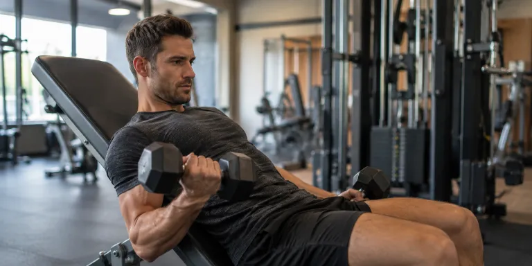 Mann beim konzentrierten Krafttraining mit Kurzhanteln im Fitnessstudio