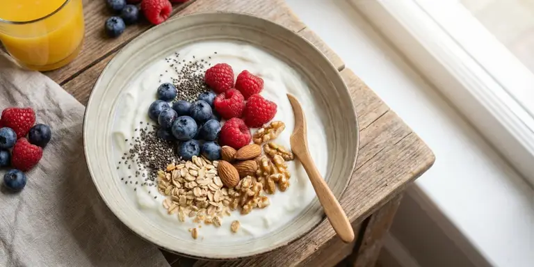 Proteinreiches Frühstück mit Skyr, Beeren und Haferflocken.