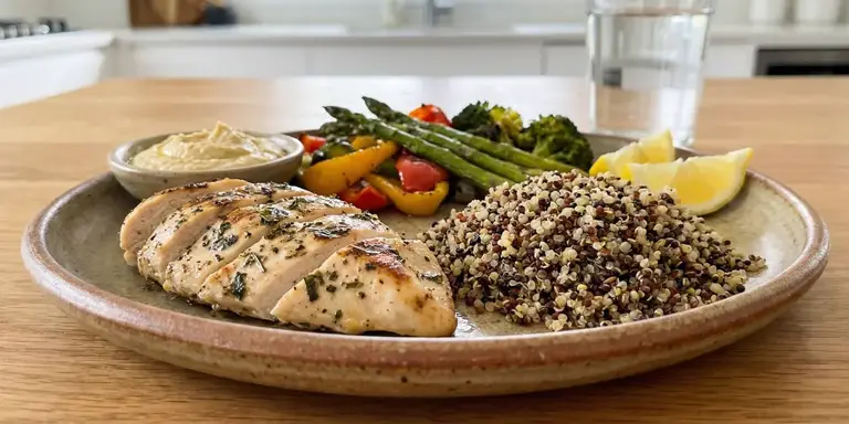 Proteinreiche Mahlzeit mit Hähnchen, Gemüse und Quinoa.