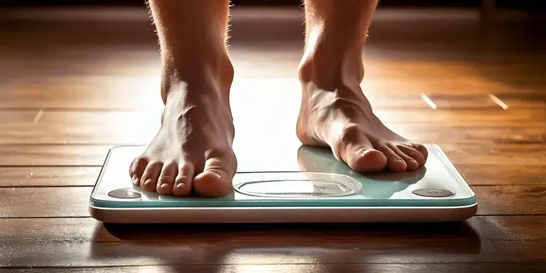 Nahaufnahme von Füßen auf einer digitalen Waage auf einem Holzboden, symbolisiert eine Gewichtskontrolle oder Stagnation beim Abnehmen.