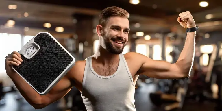 Glückliche Person in Sportkleidung hält eine Waage in einem gut beleuchteten Fitnessstudio und zeigt eine positive Haltung zum Trainingserfolg.